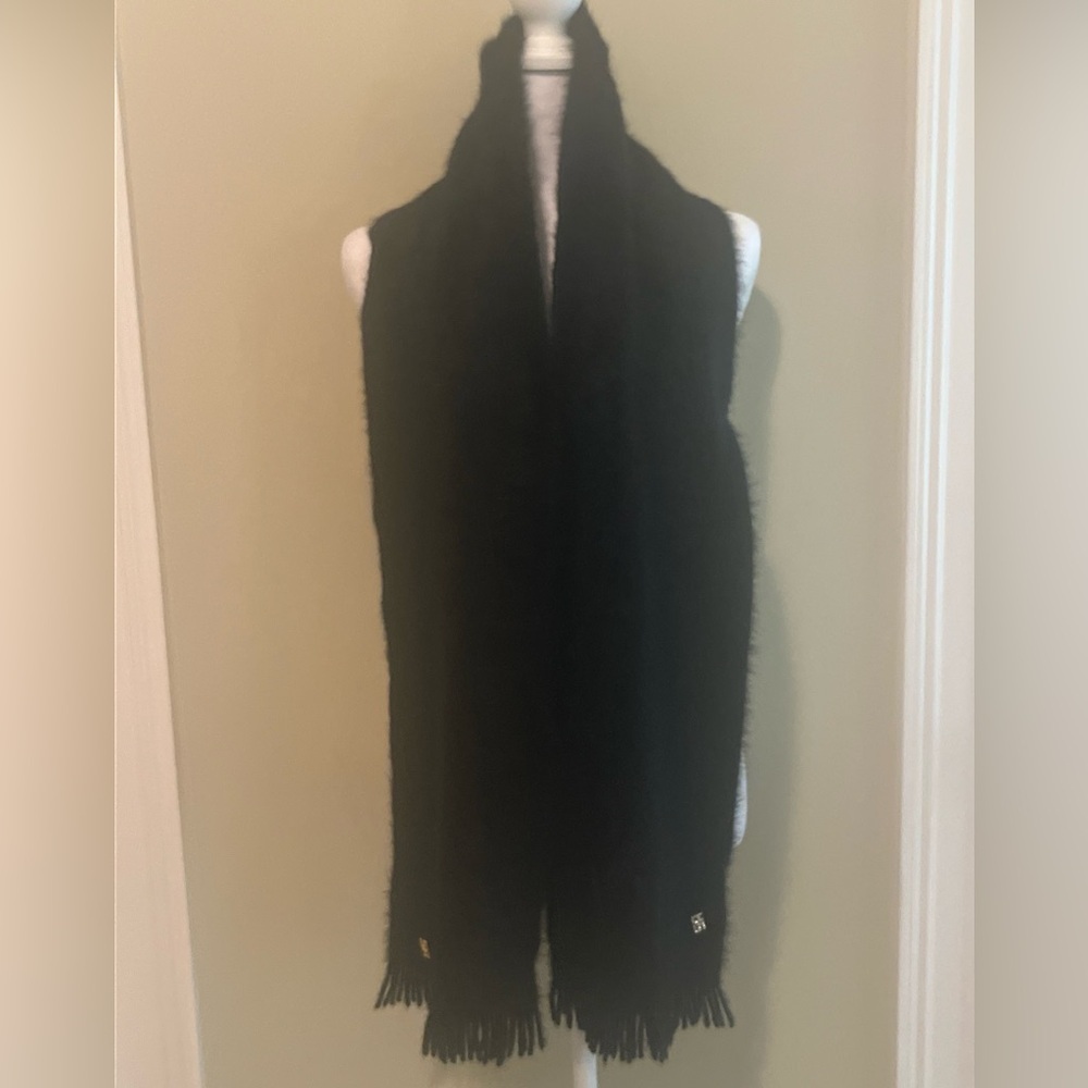 "SONIA RYKIEL" Black Solid Scarf With Fringe Made in France Warm Soft